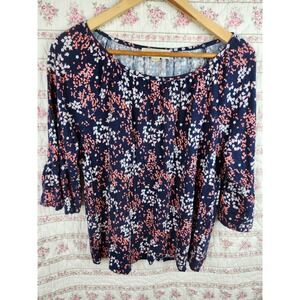 Michael‎ Kors Floral Blouse 3/4 Bell Sleeve Top Navy Coral White Size L